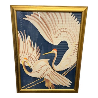 1980s Cranes in Flight Original Painting on Silk by Raouf Zarrouk , Massive 40x52 Includes Coa For Sale