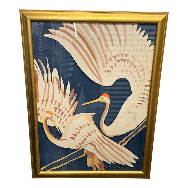 1980s Cranes in Flight Original Painting on Silk by Raouf Zarrouk , Massive 40x52 Includes Coa For Sale