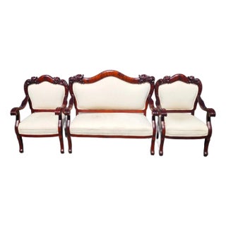 Antique Asian Rosewood Carved Foo Dogs Living Room Suite 3 Piece Sette 2 Chairs For Sale