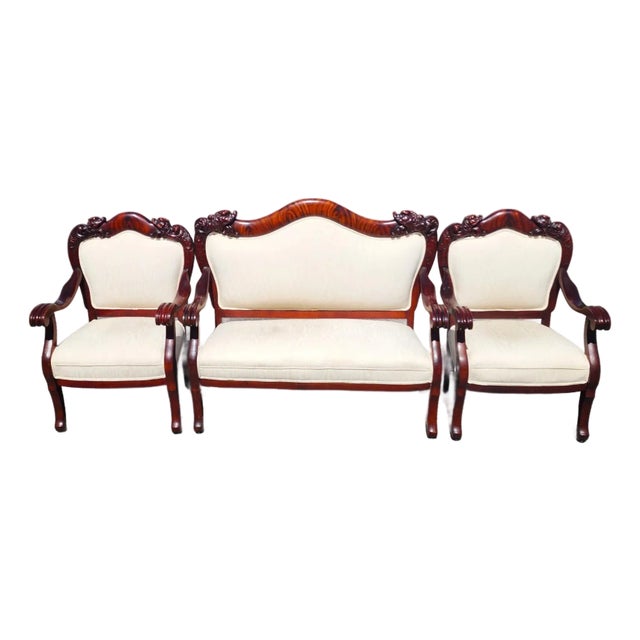 Antique Asian Rosewood Carved Foo Dogs Living Room Suite 3 Piece Sette 2 Chairs For Sale
