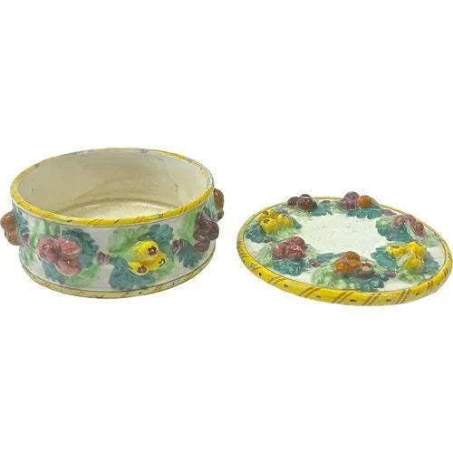 Traditional Antique Fruit Motif Lidded Ceramic Jar For Sale - Image 3 of 5