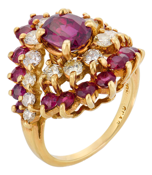 Vintage Gia 1.50 Carat Ruby Diamond 18k Yellow Gold Cluster Ring, Size 7.5