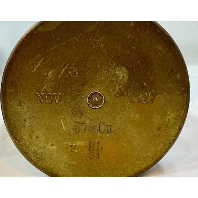 Artistic Pair of World War I Brass Trench Art Vases Decorated With a Lily Floral Motif - Dated November 1917, Madgeburg, Germany For Sale - Image 9 of 11