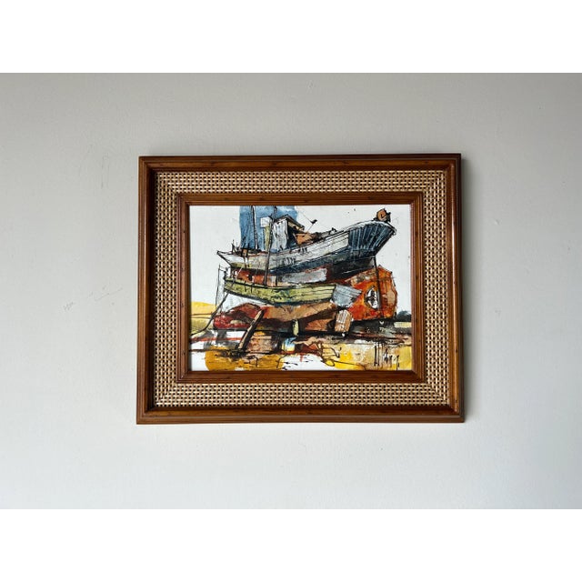 Impressionist Vintage Boat in Harbor Oil Painting, Signed For Sale - Image 3 of 12