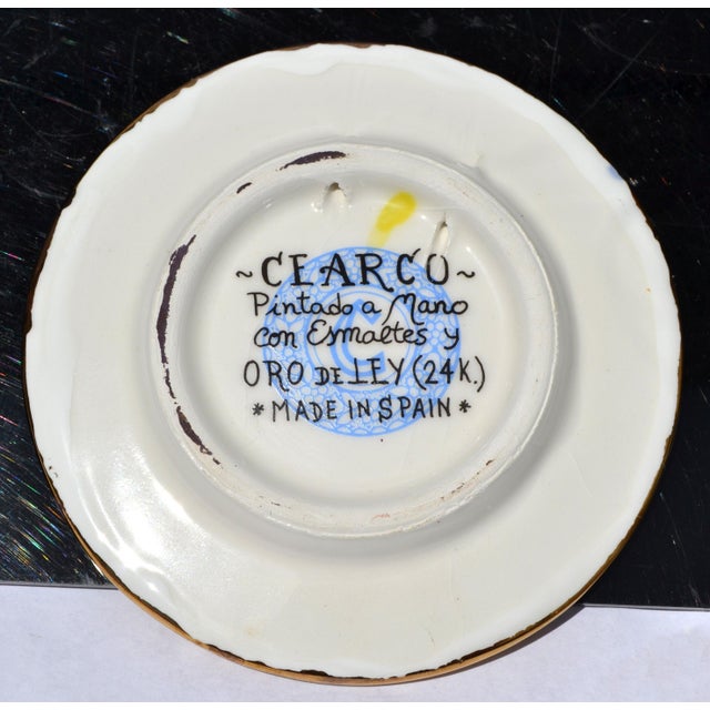 Vintage Handmade Spanish Coaster 3.75 Inch 24k Gold Exotic Bird Floral Design Majolica For Sale - Image 10 of 12
