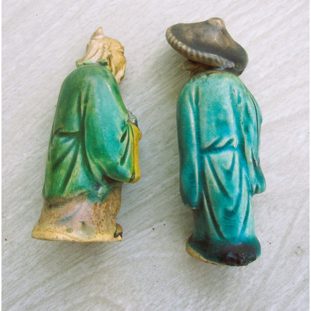 Pair of Antique Chinese Mudman Statues Figures Very Minor wear Man with hat is 4" high The second man is 3 1/8"