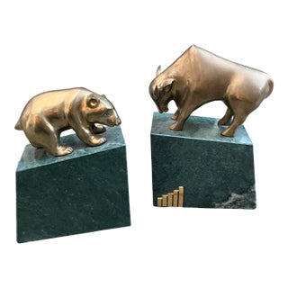 1980’s Bull & Bear Market Bookends on Marble-A Set of 2 For Sale