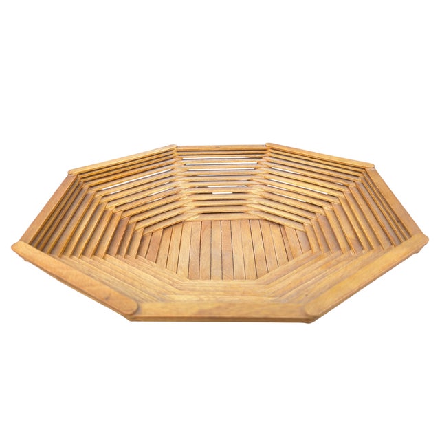 A Vintage Folk Art / Tramp Art Style Catchall Bowl made entirely of Popsicle Sticks in a blonde oak color Display as-is on...