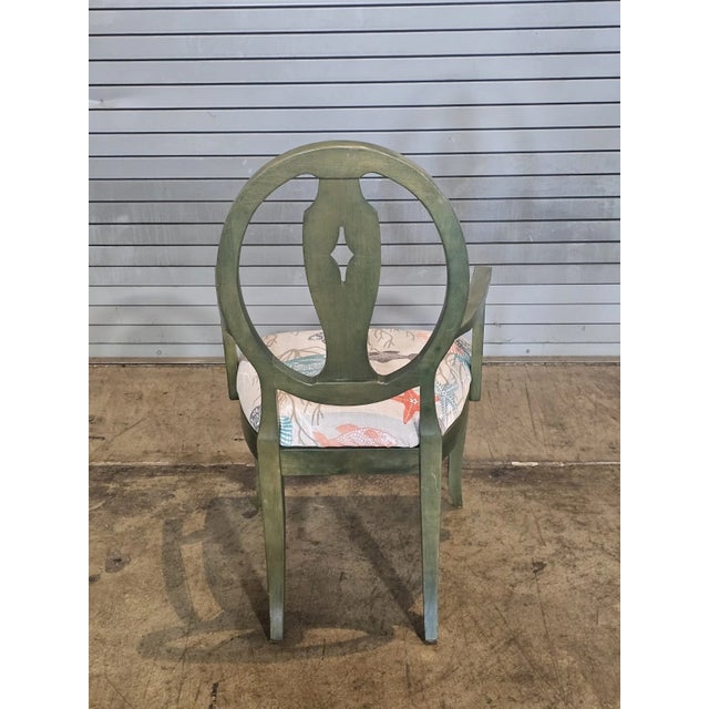 Ethan Allen Open Arm Chair Green Painted Wood Ocean Print Fabric Fish & Starfish For Sale In Cleveland - Image 6 of 8