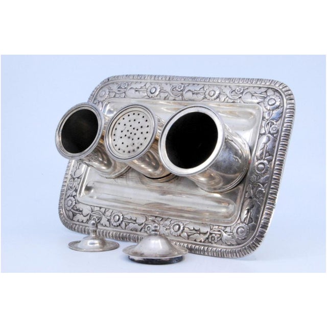 Silver Inkwell with Three Containers and Chiseled Tray on Support with Four Zoomorphic Feet For Sale - Image 3 of 9