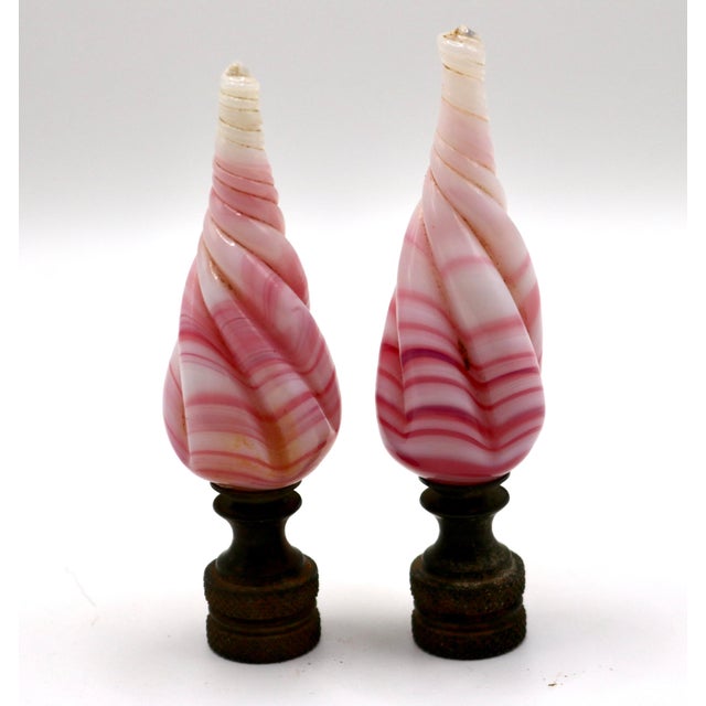 Victorian Vintage Pink & White Swirl Art Glass Lamp Finials With Brass Bases - A Pair For Sale - Image 3 of 6