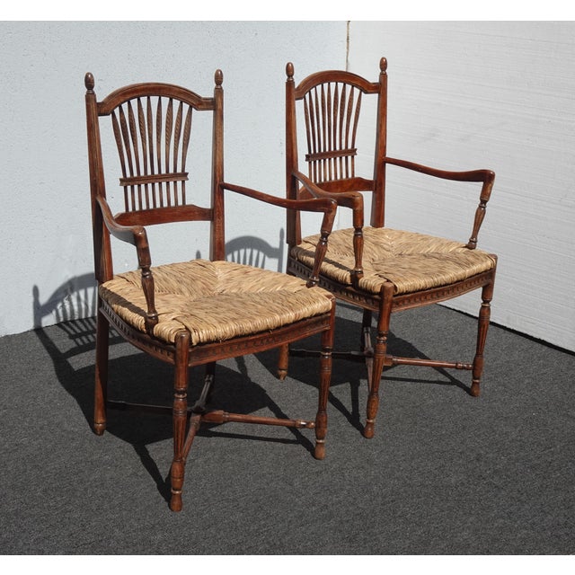 Set of Four Vintage Rustic French Country Rush Seat Wheat Sheaf Arm Chairs For Sale In Los Angeles - Image 6 of 13