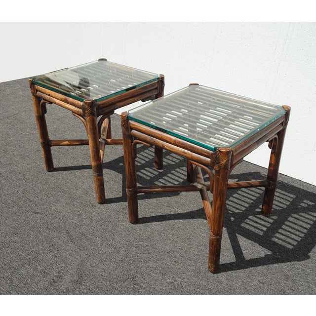 Mid-Century Modern Pair of Vintage McGuire Brown Bamboo Rattan End Tables ~ Side Table For Sale - Image 3 of 17
