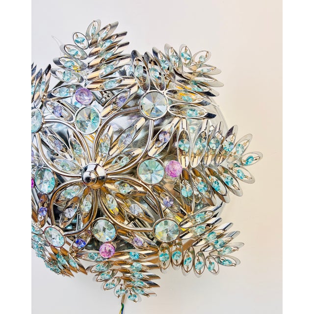 Pair of Vintage Crystal Flush Mount Chandeliers, Hand-Painted Ceiling Lights, Large Mid Century Style Wall Sconces, Low Ceiling Light Set For Sale - Image 4 of 16