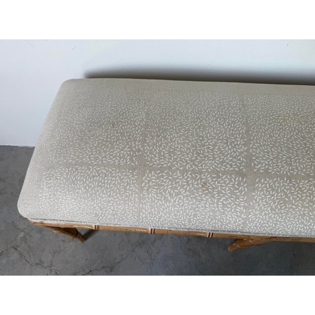 1980s Vintage Hollywood Regency Style Faux Bamboo Carved Upholstered Bench For Sale - Image 5 of 12