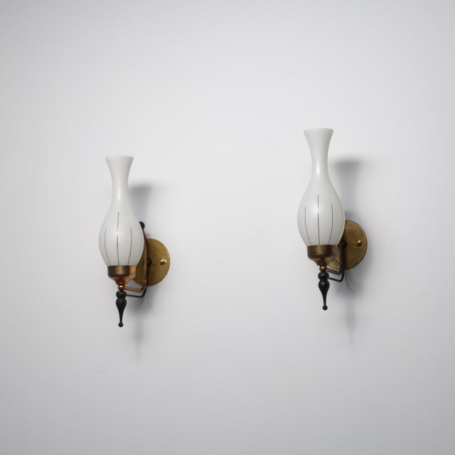 Mid-Century Modern Italian Brass, Black Lacquered Metal and Opaline Glass Wall Sconces, 1950s, Set of 2 For Sale - Image 3 of 10