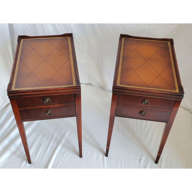Vintage Pair Mahogany Stickley Night Stands / End Tables With Leather