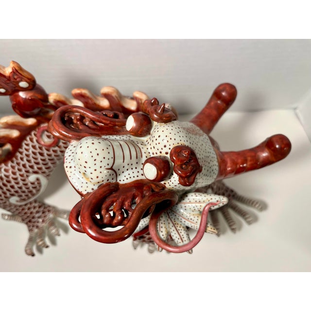 Chinese 1950s Vintage White/Red Ceramic Dragon Feng Shui Sculpture Chinese Zodiac Décor For Sale - Image 3 of 11
