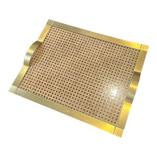 1970s Dior Home Style Mid-Century Modern Brass and Vienna Straw Serving Tray For Sale
