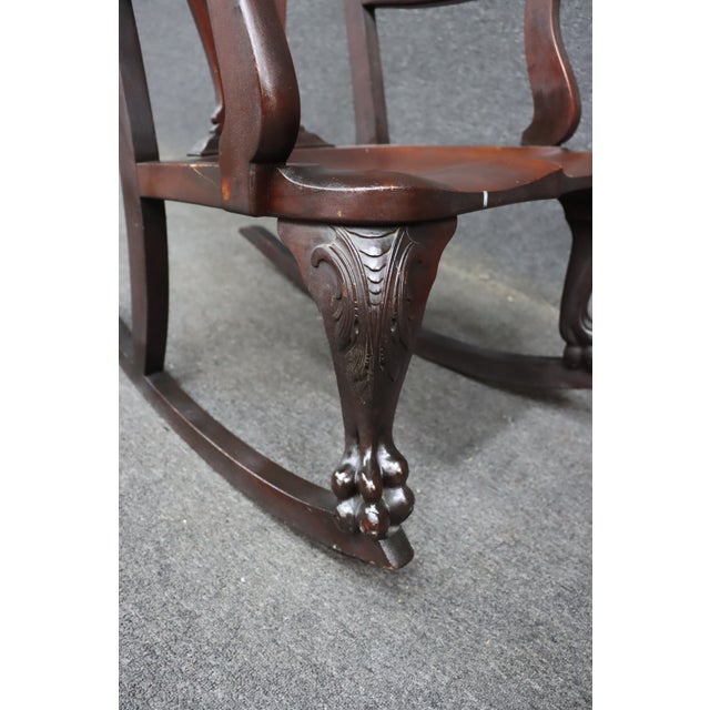 Wood Antique Horner Style Mahogany Carved Lion Arm Rocking Chair For Sale - Image 7 of 11