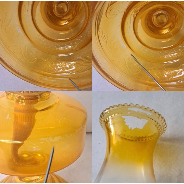 Vintage Amber Glass Kerosene Oil Lamp With P&a Eagle Burner and Chimney For Sale - Image 11 of 11