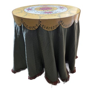 Custom Side Accent Table – Hand-Painted Metal Top & Fabric Skirt For Sale