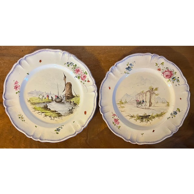 Veuve Perrin Factory Antique 18th Century French Veuve Perrin Faience Landscape Plates With Ruins and Windmill - A Pair For Sale - Image 4 of 11