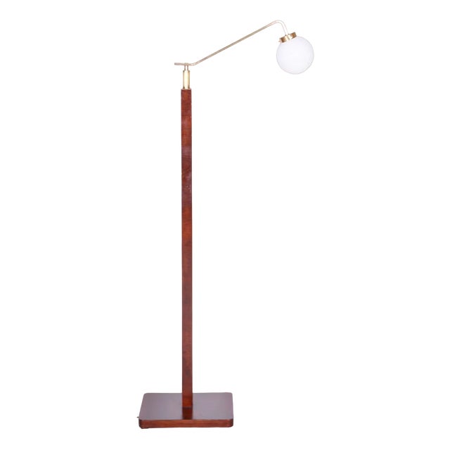 Czech Art Deco Floor Lamp in Walnut & Brass, 1930s For Sale