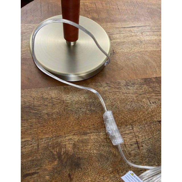 Vintage Ralph Lauren Organic Modern 36” Tall Buffet Lamps Leather-Wrapped With Brushed Brass/Gold Fixtures and Metal Shades - a Pair For Sale - Image 6 of 7