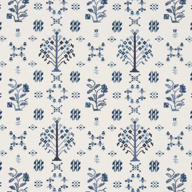 SAMPLE - Schumacher Fairview Cross Stitch Embroidery Fabric In Indigo For Sale