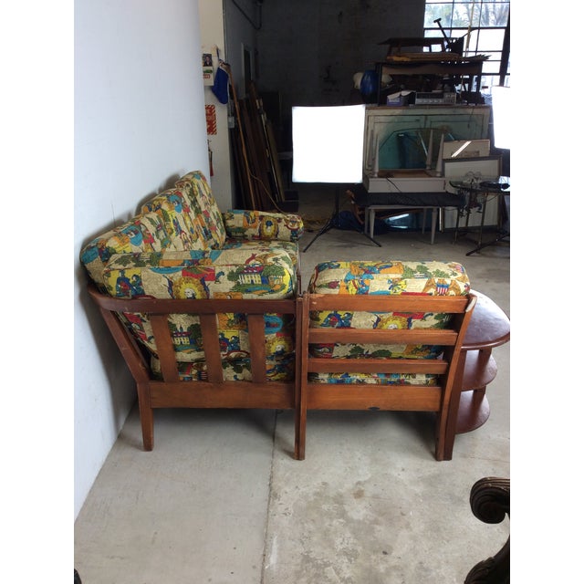 Mid Century Maple Three Piece Sectional Sofa With Shelving and Vintage Colonial Patterned Upholstery For Sale - Image 10 of 18