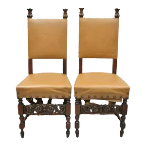 Antique 19th Century Italian Renaissance Carved Walnut High Back Side Chairs - a Pair