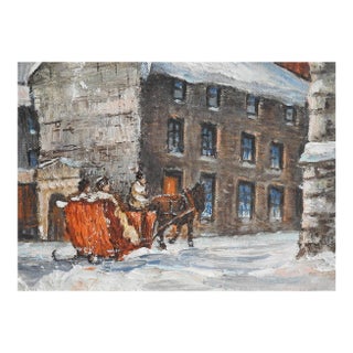 Small Mid 20th Century Winter Cityscape With Horse Drawn Sleigh Painting For Sale