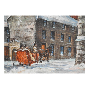 Small Mid 20th Century Winter Cityscape With Horse Drawn Sleigh Painting
