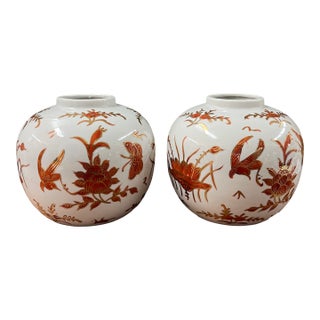 Pair of Vintage Japanese Porcelain Vases With Gilt Bird and Floral Decoration, Decorated in Hong Kong For Sale