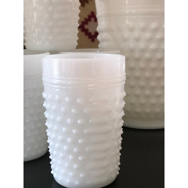 Vintage Milk Glass, Hobnail Pitcher and Drinking Glass Set 8 Pieces