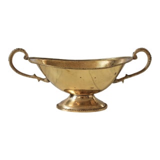 Vintage Oval Brass Pedestal Bowl W/ Ornate Handles For Sale