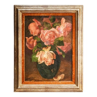 Charming Mid Century Framed Vintage Roses Flower Still Life Home Wall Decor For Sale