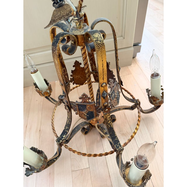 Vintage Spanish Revival Gothic Iron 6 Light Chandelier 6 For Sale In Denver - Image 6 of 6