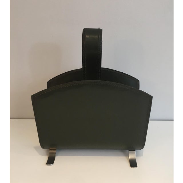Mid-Century Modern Circa 1950 Leather Magazine Rack on a Brushed Steel Base, French For Sale - Image 3 of 12