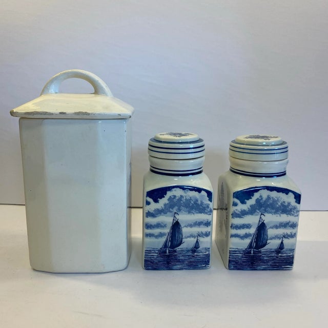 Late 20th Century Vintage German Inge & Dutch Delft Blue and White Ceramic Canister Set, 3 Pieces For Sale - Image 5 of 12