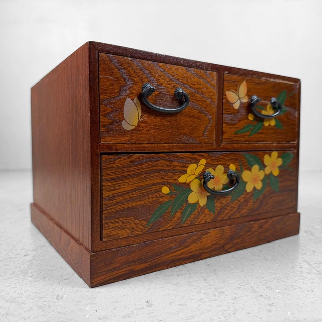 1980s Small Japanese Wooden Drawer Chest with Flowers and Butterflies, 1980s For Sale - Image 5 of 12