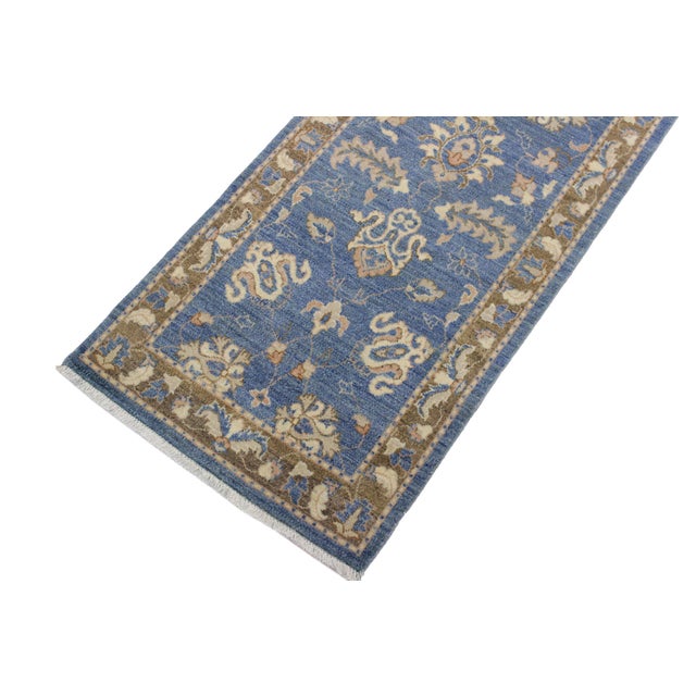 Shabby Chic Ziegler Blue/Brown Wool Runner Rug- 2'7'' X 12'2'' For Sale - Image 4 of 10