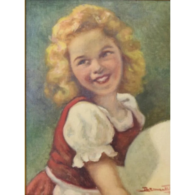 Vintage young blonde girl in red and white dress oil painting on stretched artist canvas. Illegible signature lower right....