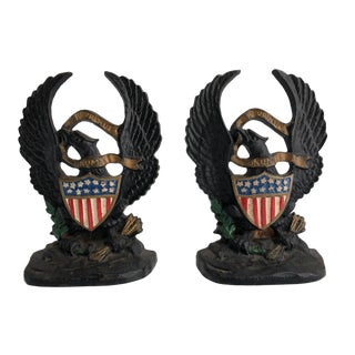 1920s American Eagle & Painted Flag Cast Iron Hubley Bookends - a Pair For Sale