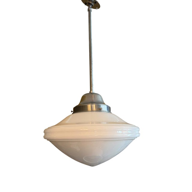 Art Deco 1920s Art Deco Milkglass on Hanging Rod Pendant Sloped Ceiling Light For Sale - Image 3 of 5