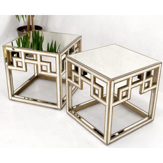 Pair of Greek Motive Square Bevelled Mirrors Mirrored End Tables Nightstands For Sale - Image 10 of 13