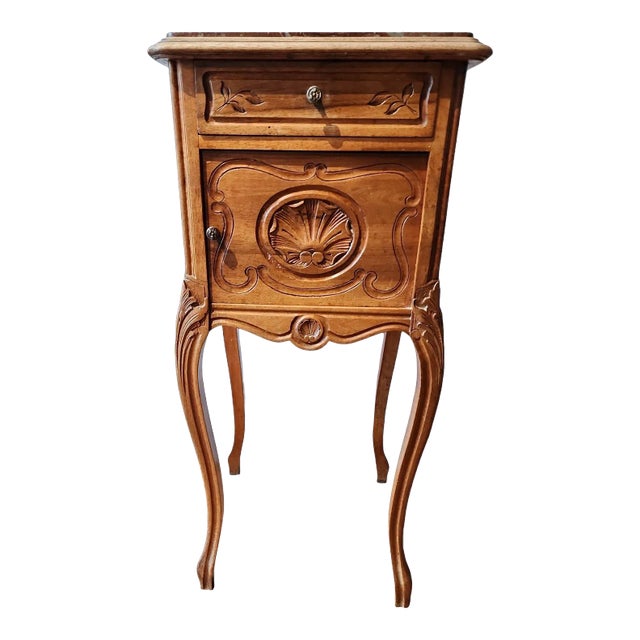 1930s French Walnut Marble Top Pot Cupboard For Sale