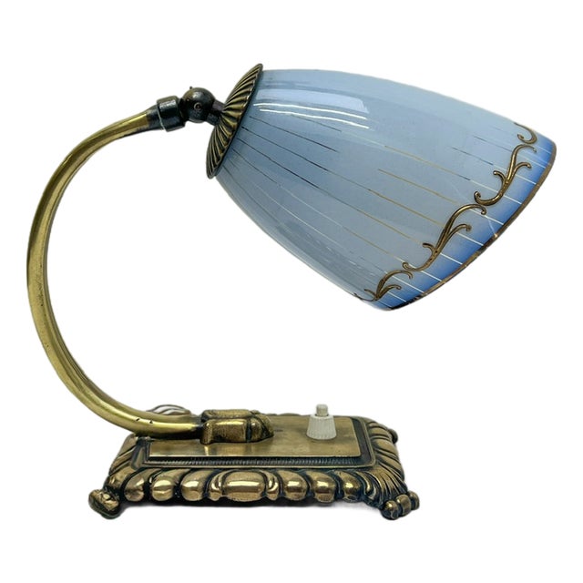Art Deco Brass and Blue Glass Table Lamp, 1930s For Sale