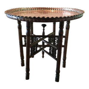 Antique Turkish Copper Tray Table on Folding Wooden Stand